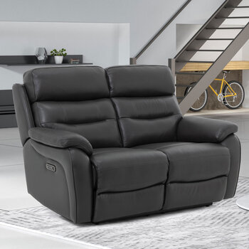 Fletcher Dark Grey Leather Power Reclining 2 Seater Sofa with Power Headrest