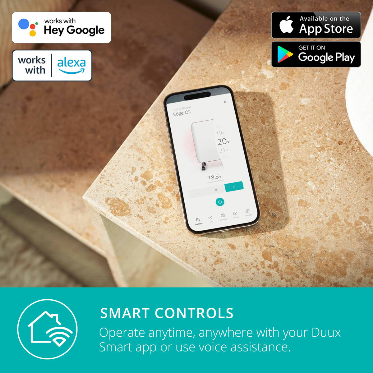 Lifestyle image of Edge Oil Smart Heater 2000W with smart controls with your Duux Smart app