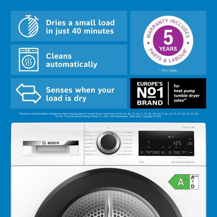 Bosch WQG24502GB Series 6, 9kg Heat Pump Tumble Dryer, A+++ Rated in White