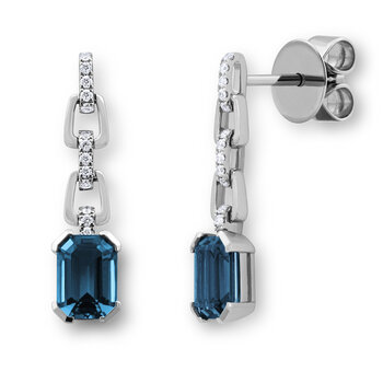 Emerald Cut London Blue Topaz & 0.17ctw Diamond Earrings, 18ct White Gold