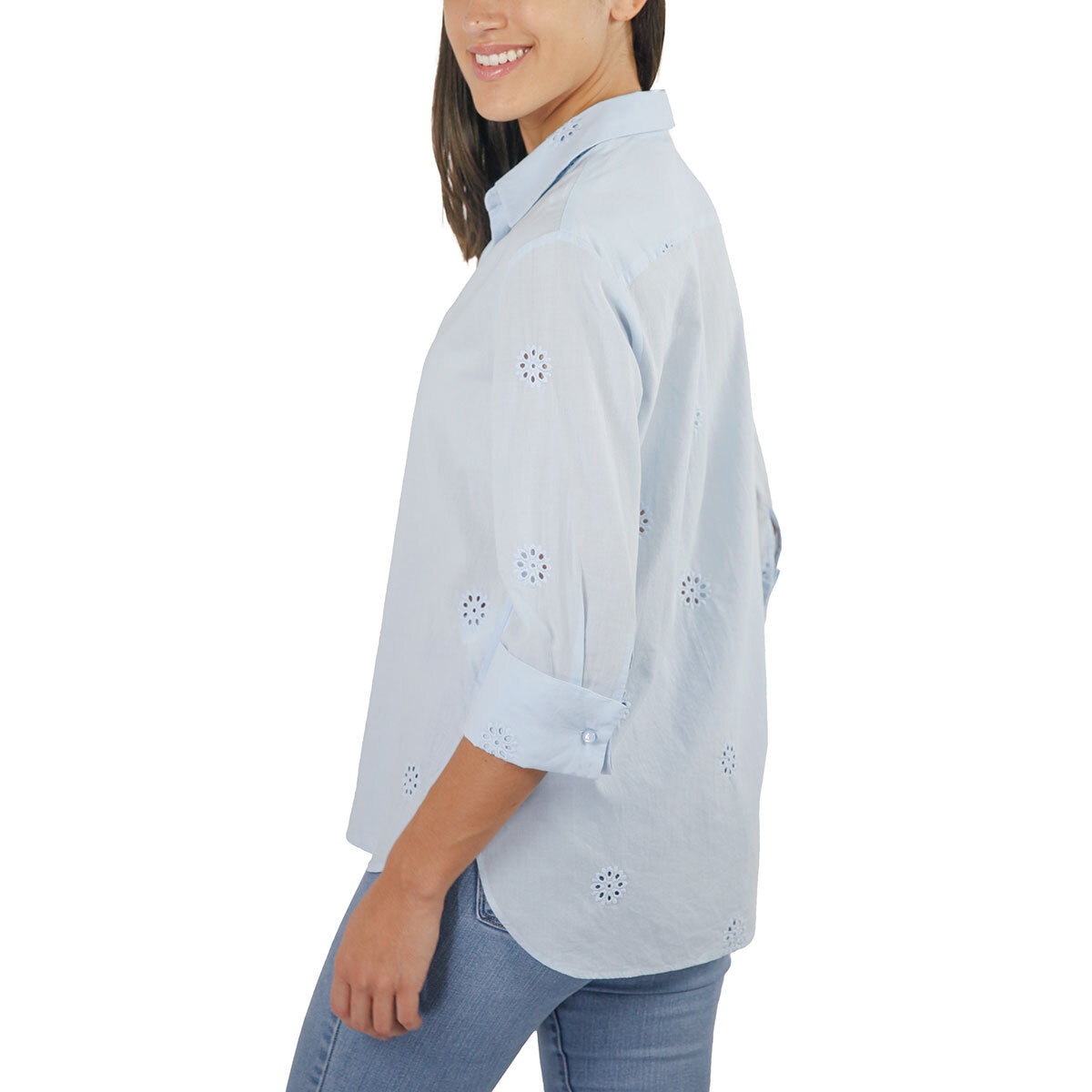 Jachs Ladies Eyelet Long Sleeve Shirt in Blue