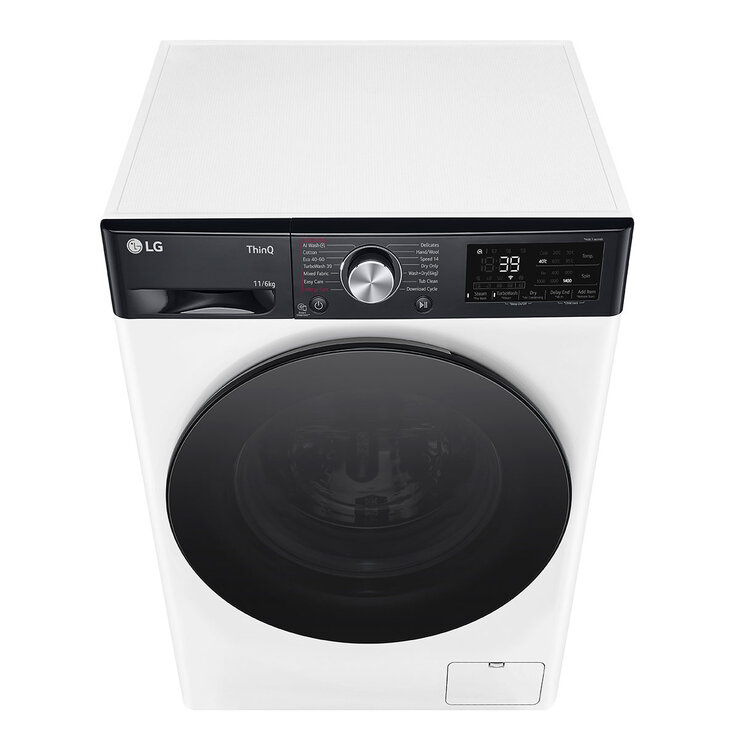Angled view LG FWY916WBTN1 Wifi enabled 11/6kg washer dryer, D Rated in White