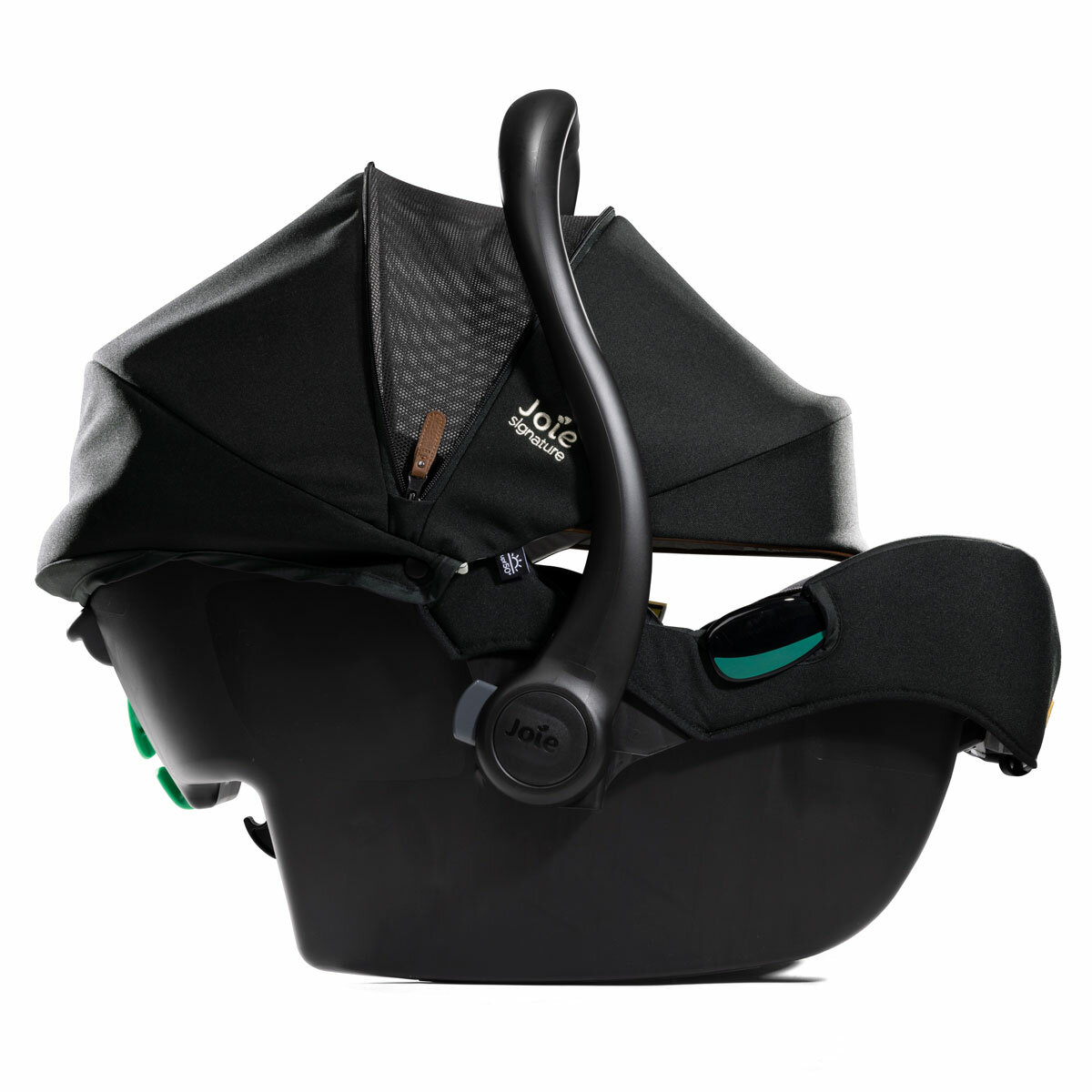 Studio image of the Joie I-Jemini Signature Car Seat from the side, hood fully extended