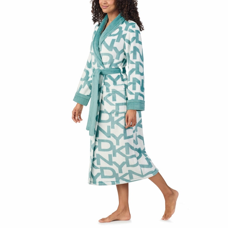 DKNY Shawl Collar Long Plush Robe in Blue