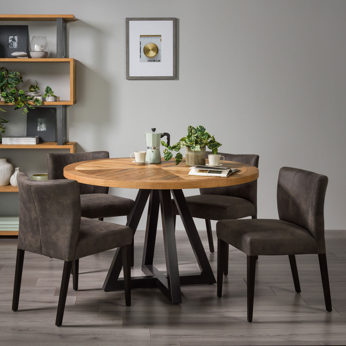 Bentley Designs Chevron Rustic Oak Round Dining Table 4 Fabric Chairs Costco UK