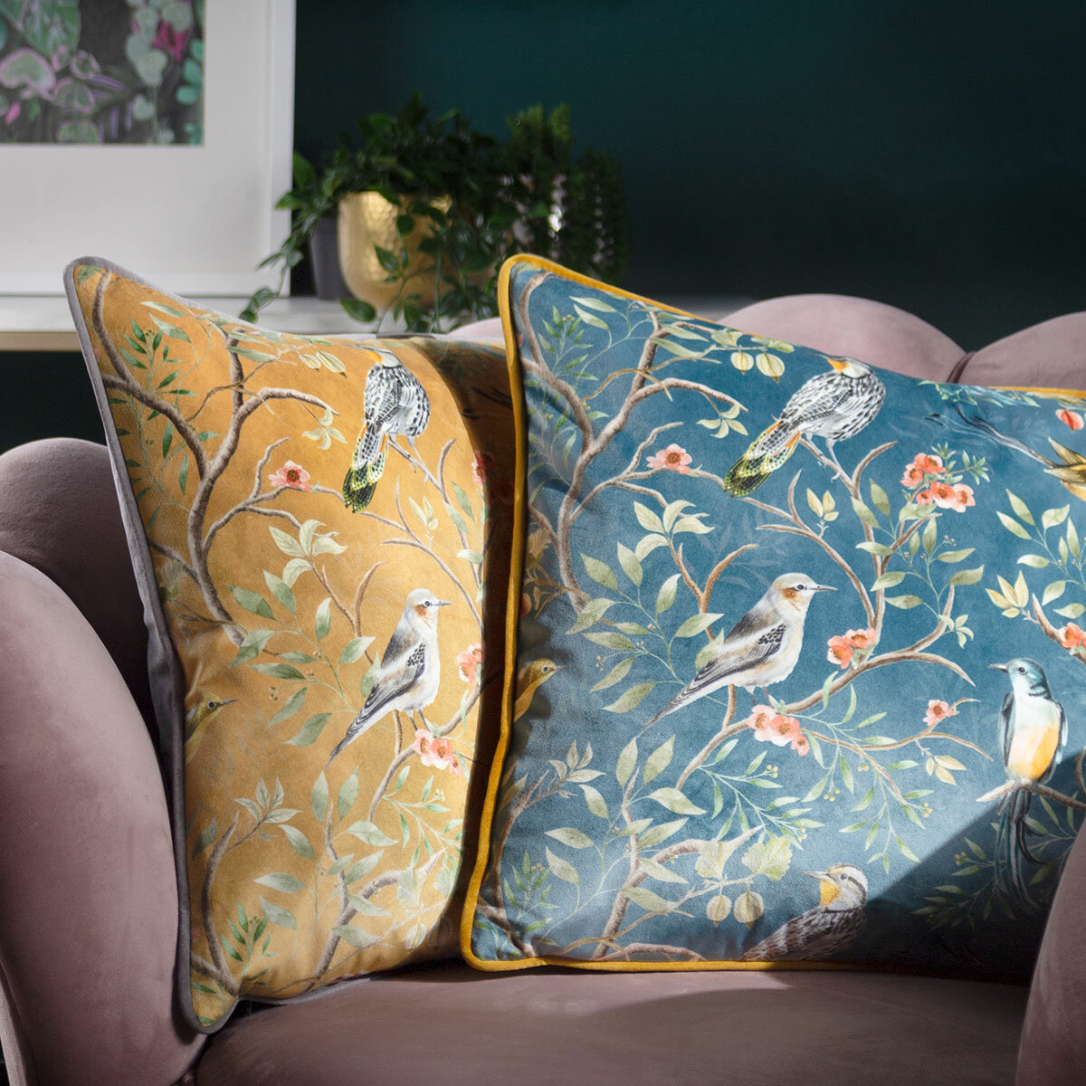 Wylder Chinoiserie Gold Feather Fill Cushion 2 Pack, 43 x 43 cm