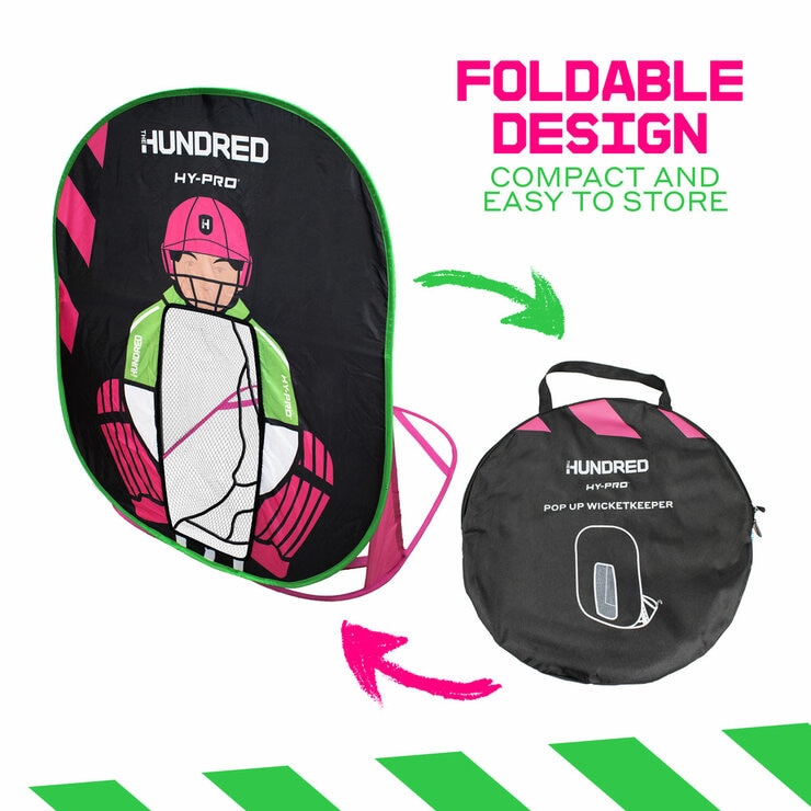 Studio image showing the foldable design of the pop up wicket keeper