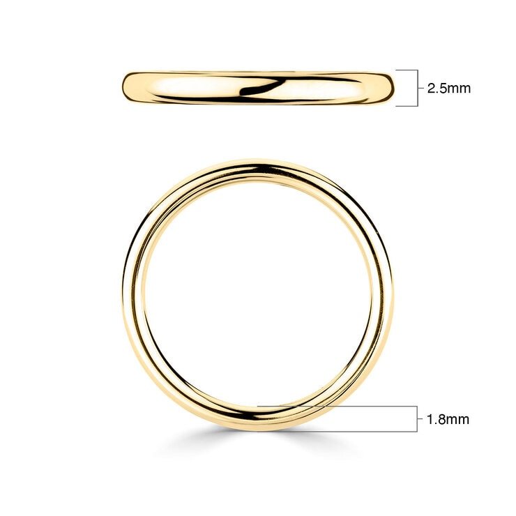 2.5mm Basic Court Wedding band. 18ct Yellow Gold