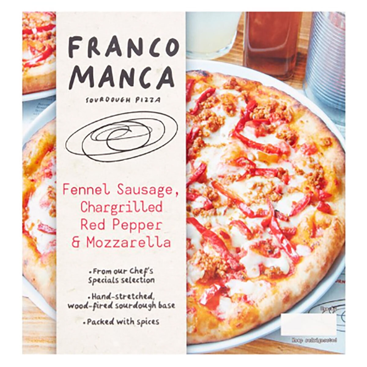 Franco Manca Sourdough Pizza Fennel Sausage, Chargilled Pepper & Mozarella, 2 x 480g