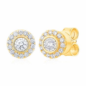 0.22ctw Round Brilliant Cut Diamond Halo Earrings, 14ct Yellow Gold