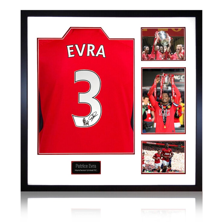 Patrice Evra Signed Framed MUFC Home Football Shirt, including 3 Photos Patrice Evra Signed Framed MUFC Home Football Shirt, including 3 Photos