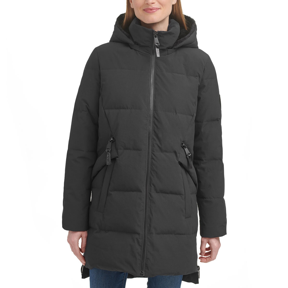 DKNY Women's Long Down Puffer Coat in Black, Medium