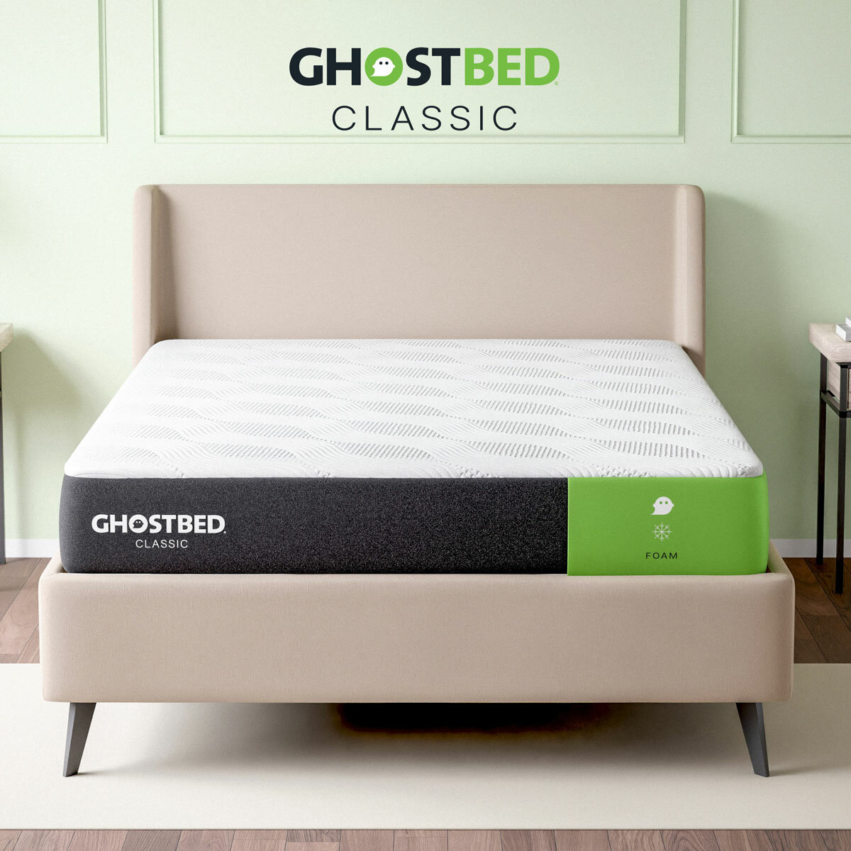 Ghostbed Classic Cooling Memory Foam Mattress on Bed Frame Ghostbed Classic Cooling Memory Foam Mattress on Bed Frame