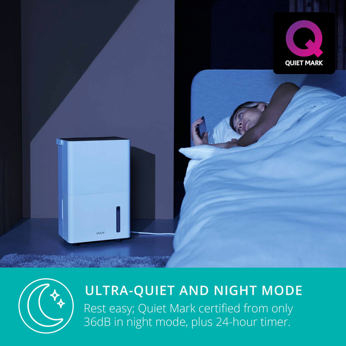 Lifestyle image of Bora Smart Dehumidifier 20L shwoing ultra quiet and night mode