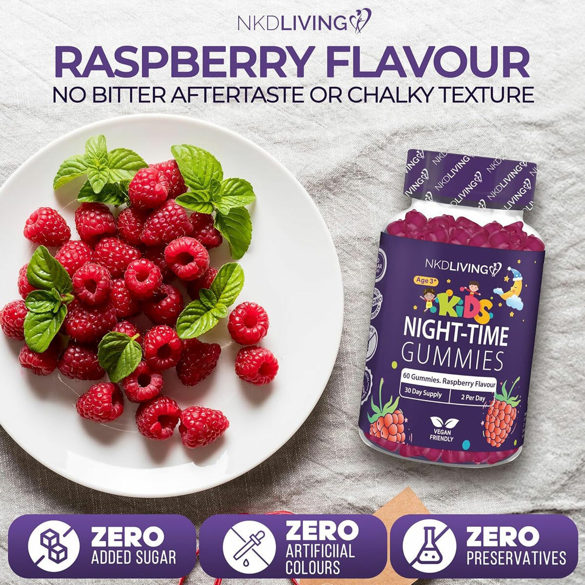 NKD Living Kids Night-Time Gummies Raspberry, 2 x 60 Count NKD Living Kids Night-Time Gummies Raspberry, 2 x 60 Count