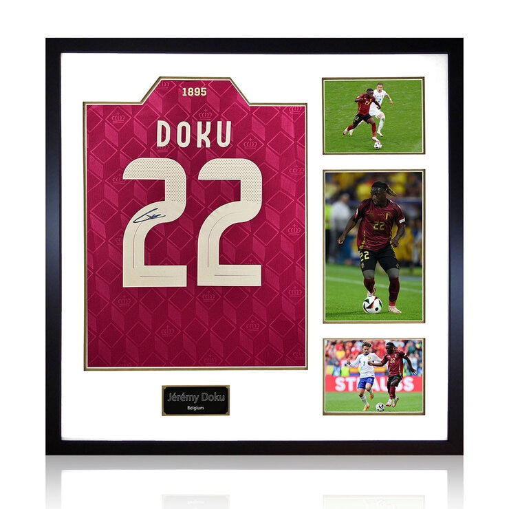 Jeremy Doku Signed Framed Belgium Football Shirt including 3 Photos Jeremy Doku Signed Framed Belgium Football Shirt including 3 Photos