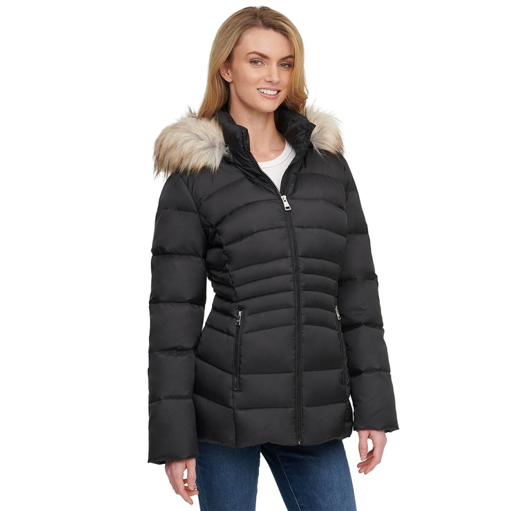 Andrew Marc Women's Short Down Jacket with Faux Fur Trim Hood in Black, Large