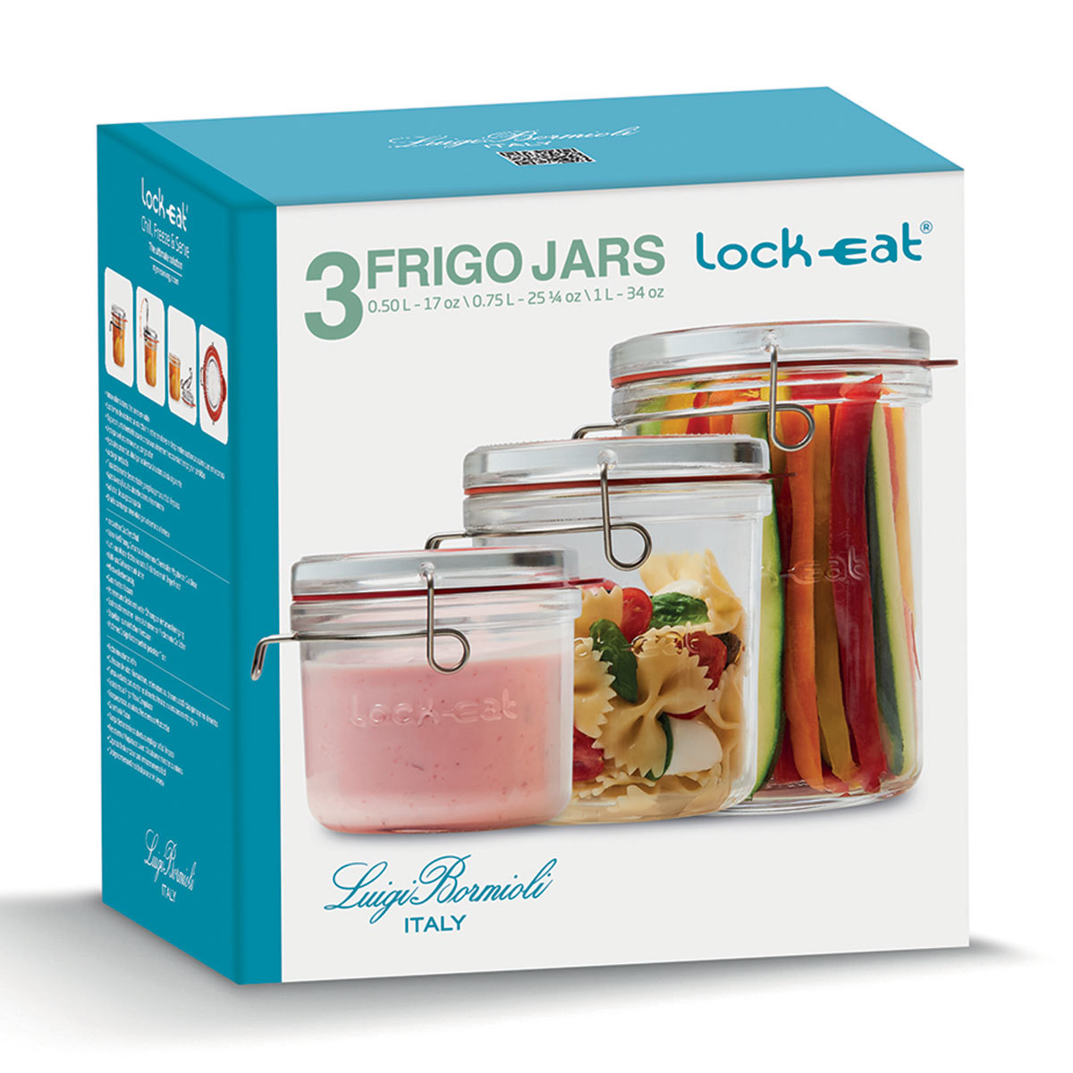 Luigi Bormioli Lock-Eat Glass Frigo Jars, 3 Piece Set with Lids
