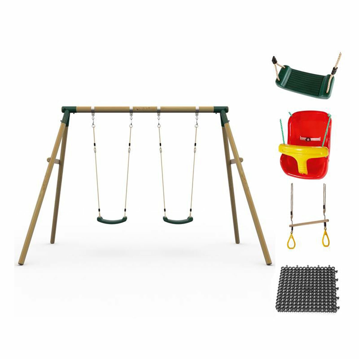 Studio image showing the Plum Ultimate Two Person Premium Wood Swing, baby seat, trapeze and Protektamats Studio image showing the Plum Ultimate Two Person Premium Wood Swing, baby seat, trapeze and Protektamats