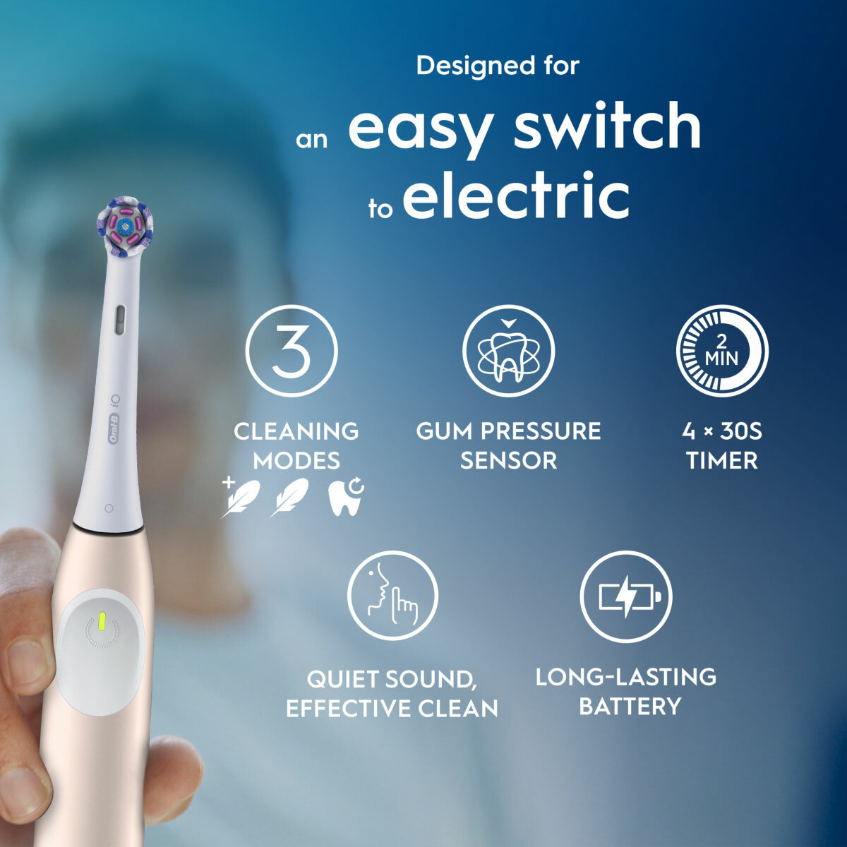 Lifestyle image of Oral-B iO2 Electric Toothbrush easy switch to electric