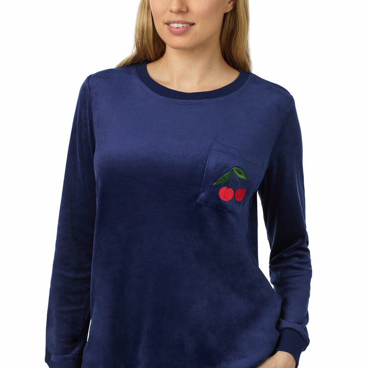 Jane & Bleecker Women's Silky Plush Pyjama Set in Navy Cherries