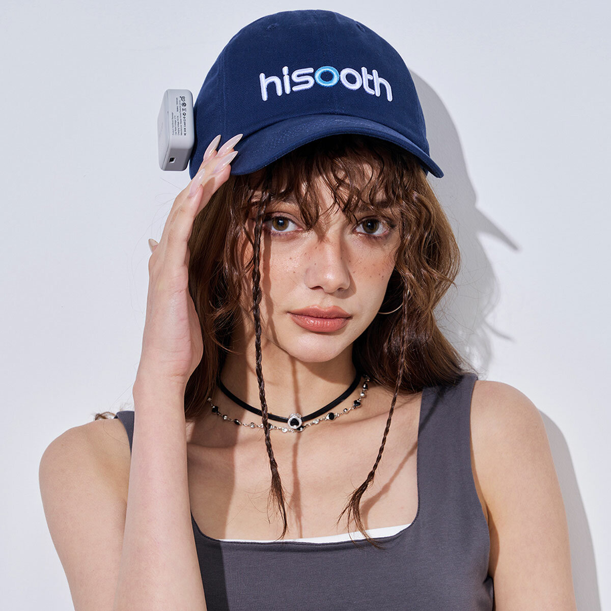 Image of model wearing navy massage cap