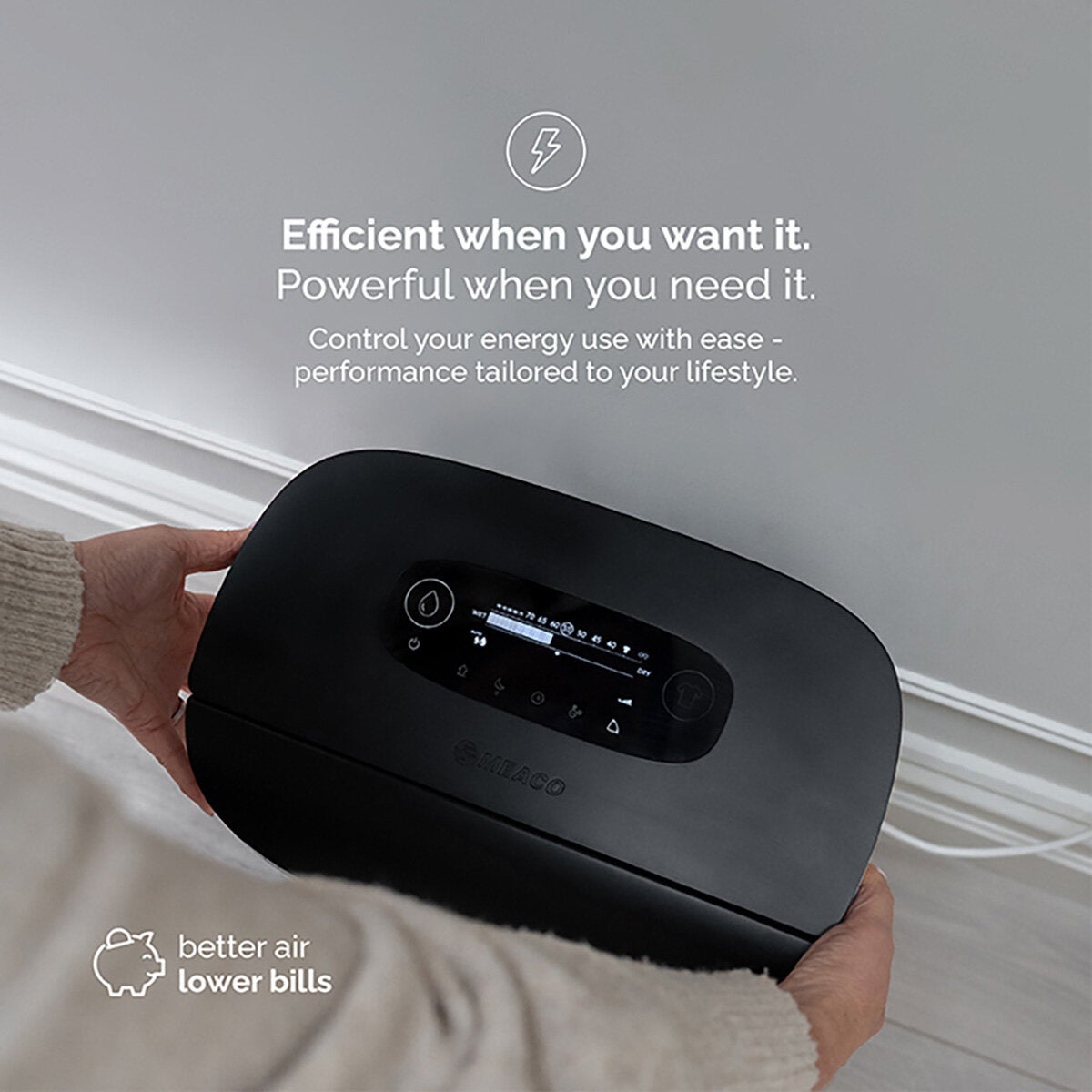 Lifestyle image showing features of dehumidifier