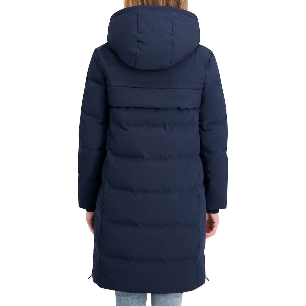 DKNY Ladies Long Down Coat with Hood in Navy