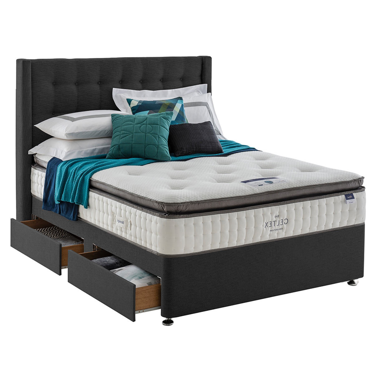 Silentnight 4 Drawer Divan Base with Bloomsbury Headboard in Ebony, Double