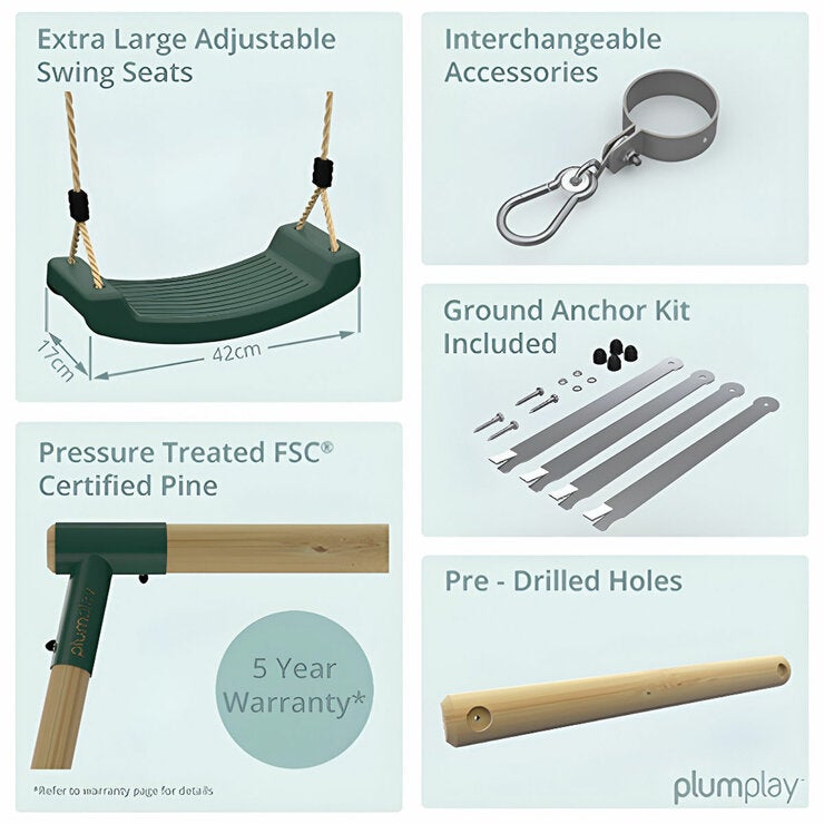 An image showing the different features of the Plum Ultimate 3 Premium Wood Swing An image showing the different features of the Plum Ultimate 3 Premium Wood Swing
