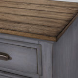 Close up of console corner showcasing wooden panelled counter and finish
