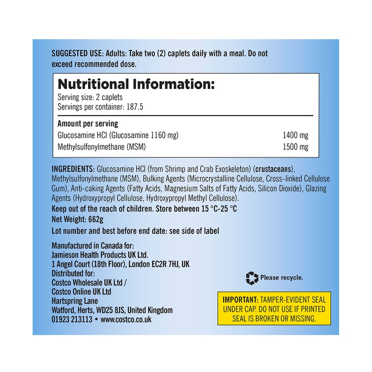 Kirkland Signature Glucosamine HCI & MSM, 375ct Costco UK