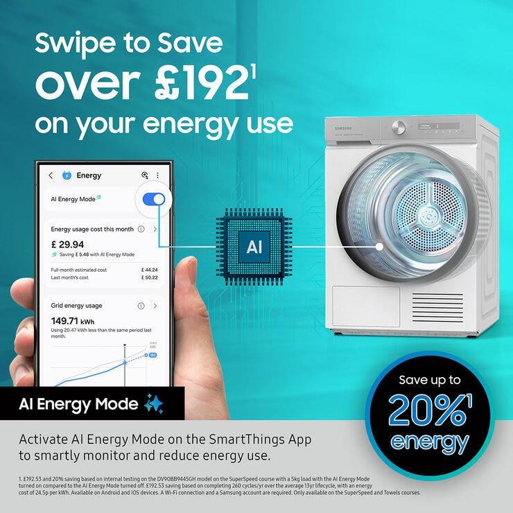 Samsung Series 6 AI Energy DV90T6240LB/S1 9KG Smart Heat Pump Tumble Dryer, A+++ Rated in Black