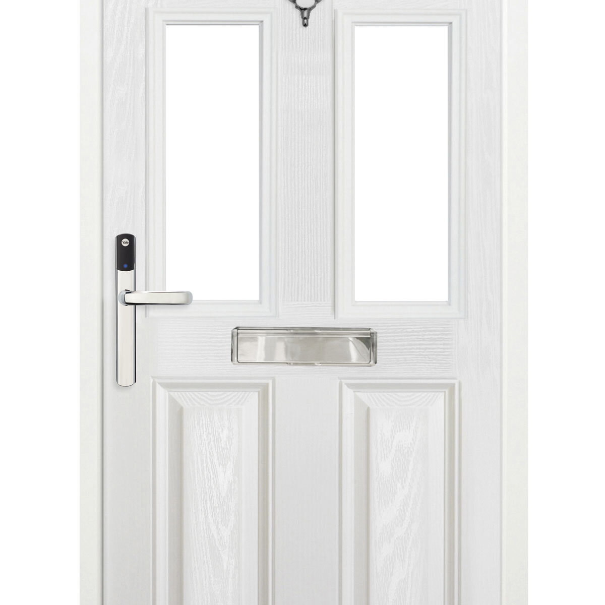 Cut out image of door with handle fitted on white background