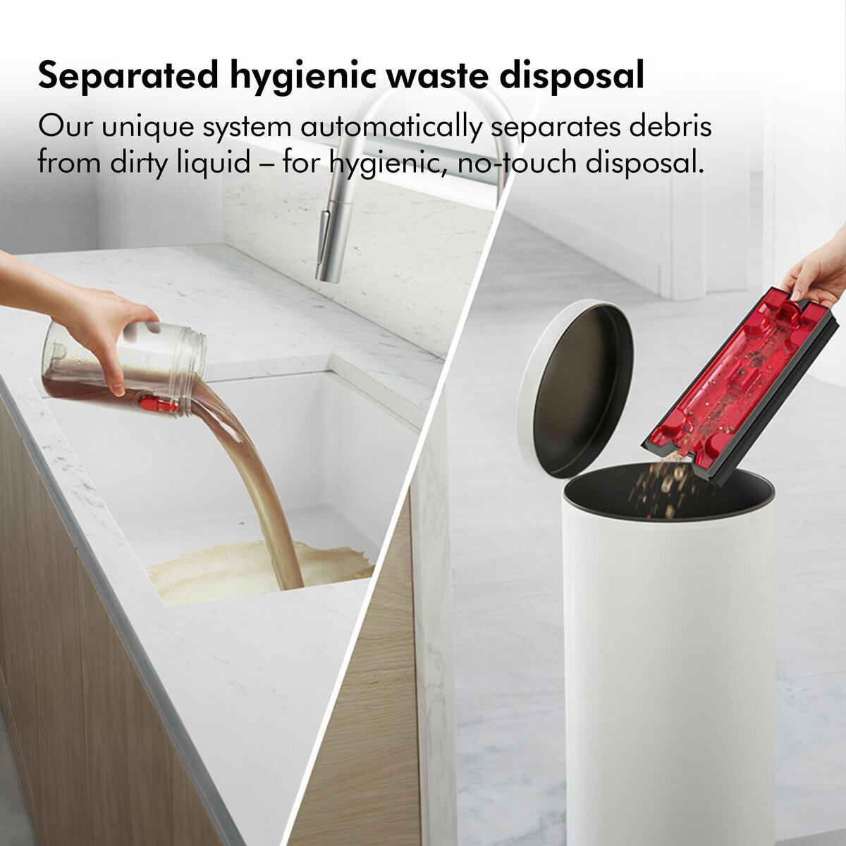 Lifestyle images of Dyson WashG1 wet floor cleaner shwoing seperated waste disposal