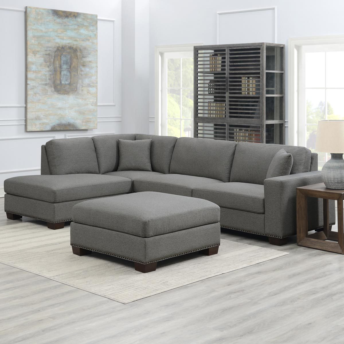 Thomasville Artesia Grey Fabric Sectional Sofa With Ottoman