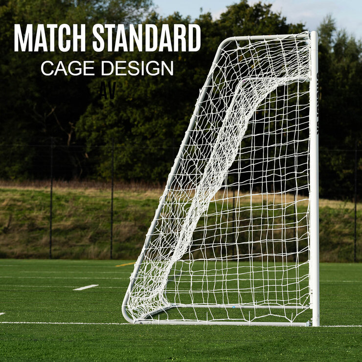 Lifestyle image of the side of the goal, showing the match standard cage design