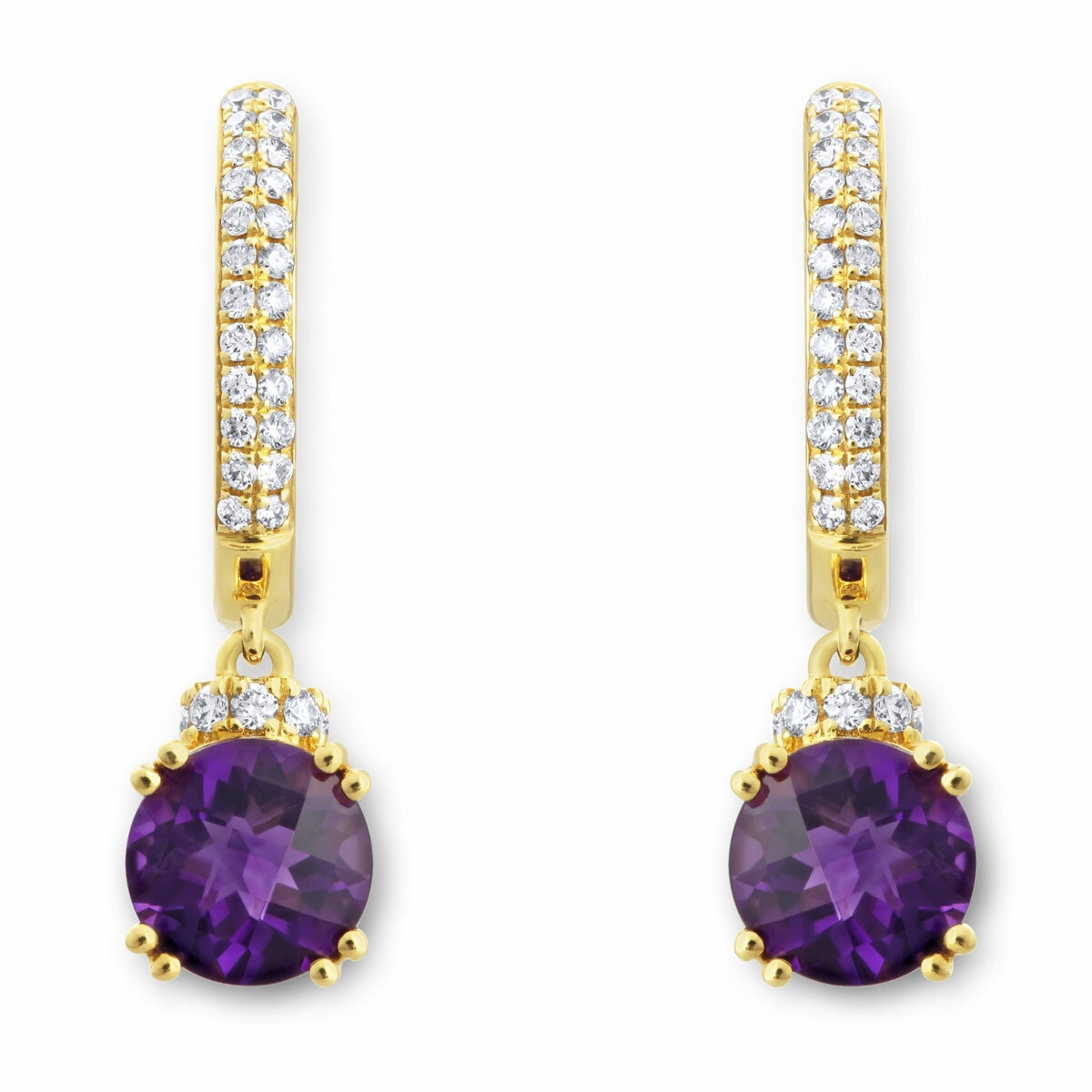 Round Cut Amethyst & 0.24ctw Diamond Earrings, 18ct Yellow Gold Round Cut Amethyst & 0.24ctw Diamond Earrings, 18ct Yellow Gold