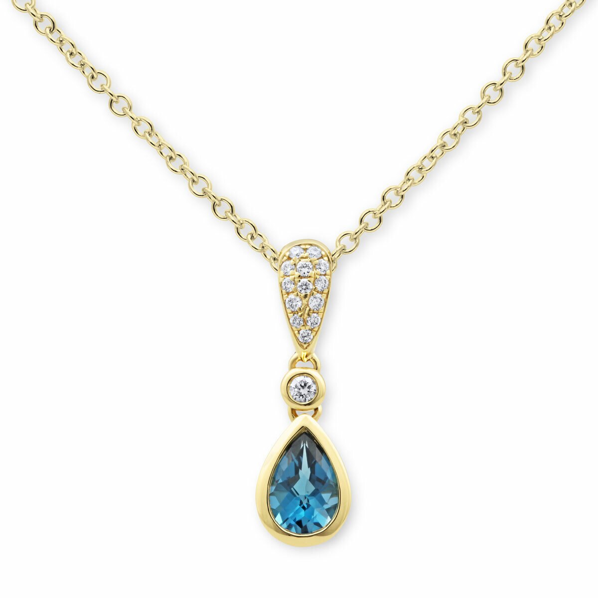 Pear Cut Blue Topaz & 0.07ctw Diamond Pendant, 18ct Yellow Gold Pear Cut Blue Topaz & 0.07ctw Diamond Pendant, 18ct Yellow Gold