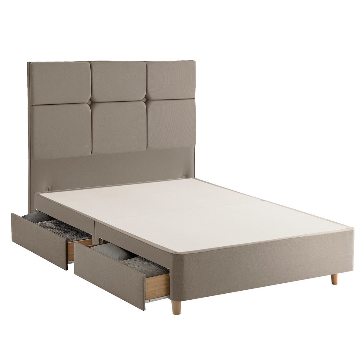 Cut out image of divan base and headboard in sandstone on white background 4 drawers open