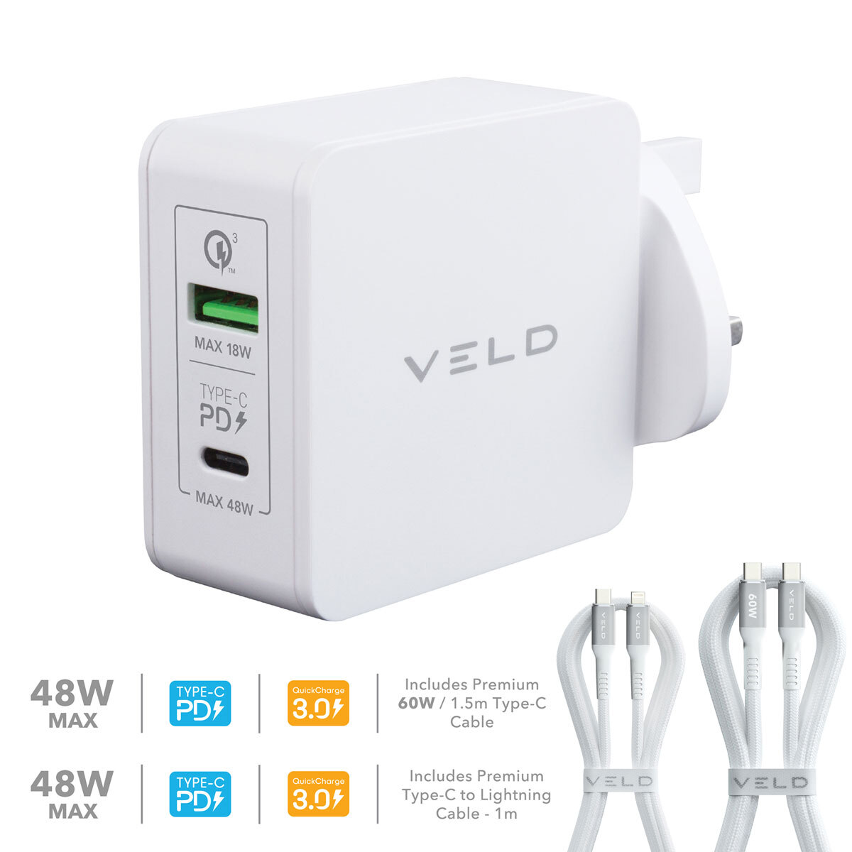 VELD Super-Fast Max 48W 2 Port Wall Charger with Lightning or Type-C Cable