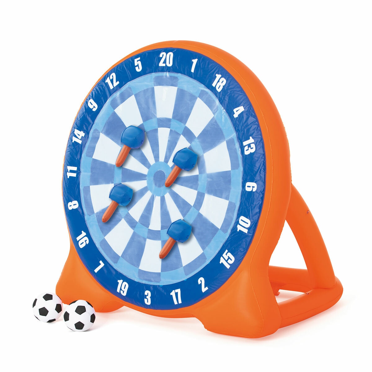 Studio image of the inflatable dartboard with the included footballs and axes