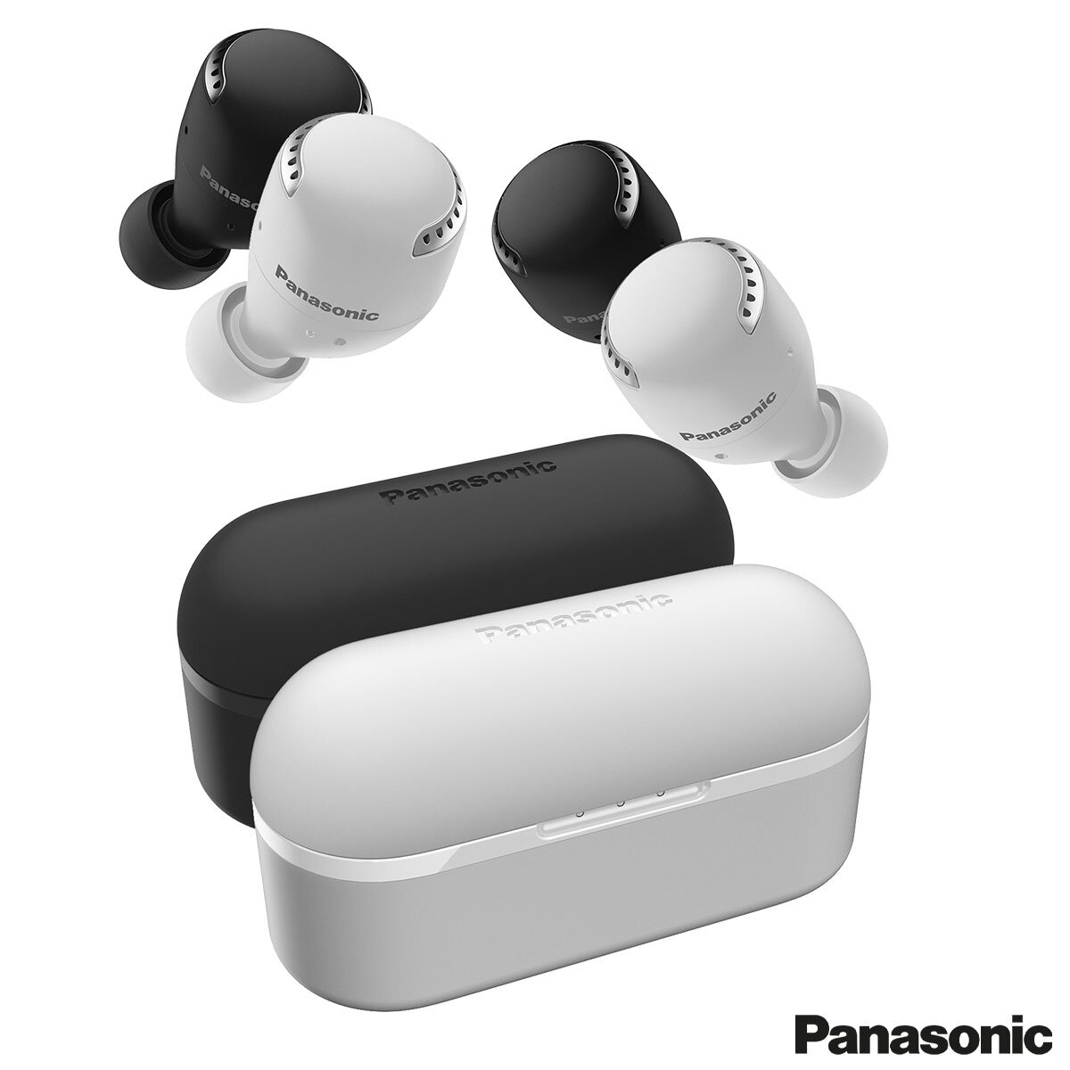 Earbuds with case in black and white