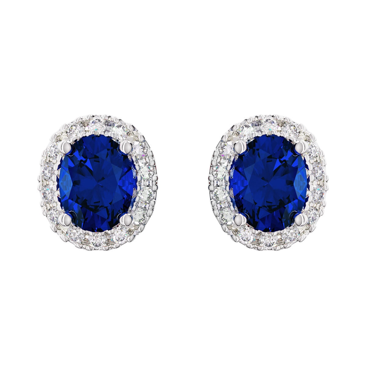 Oval Cut Sapphire & 0.16ctw Diamond Halo Earrings, 14ct White Gold