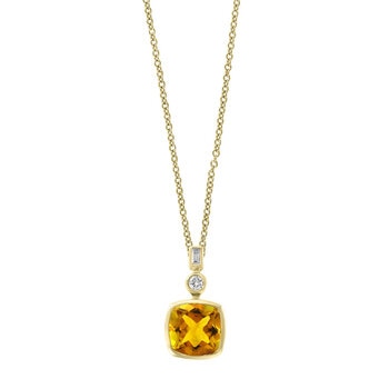 Cushion Cut Citrine & 0.07ctw Diamond Pendant, 14ct Yellow Gold