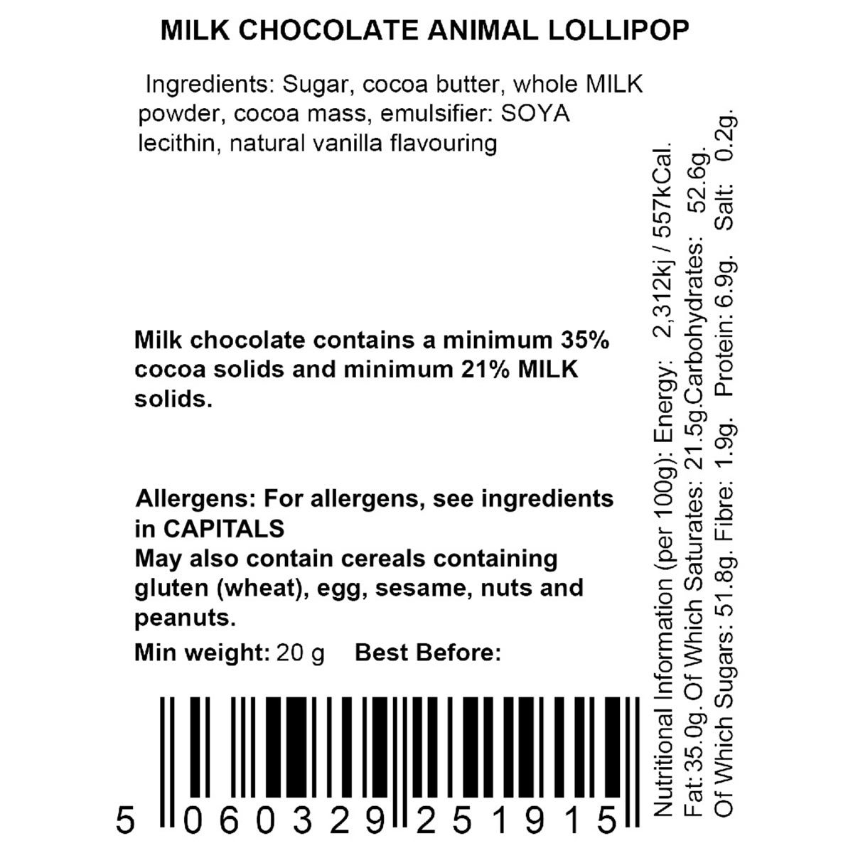 Nutritional information back label