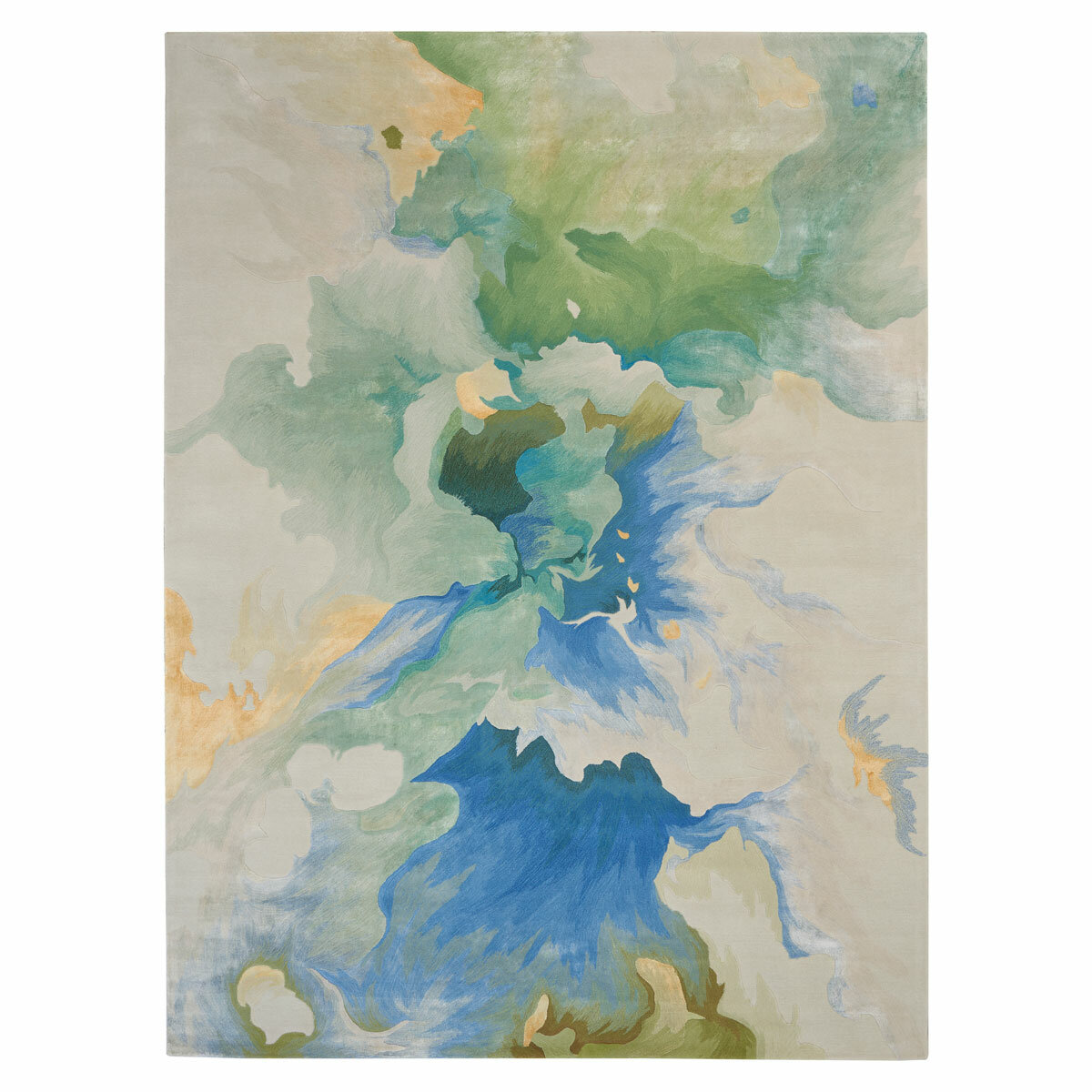 Close-up of a rug with swirling colours in green, blue, white, and yellow. The pattern has a soft, natural feel.