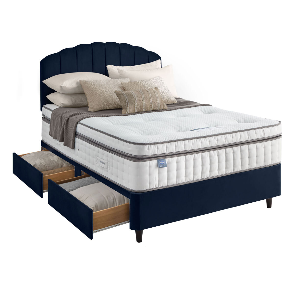 Silentnight Velvet 4 Drawer Divan Base with Merlin Headboard in Maritime in 3 Sizes