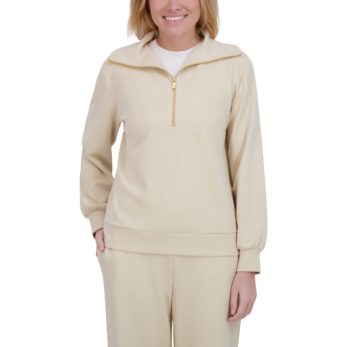 DKNY Ladies Waffle Knit 1/2 Zip in Cream