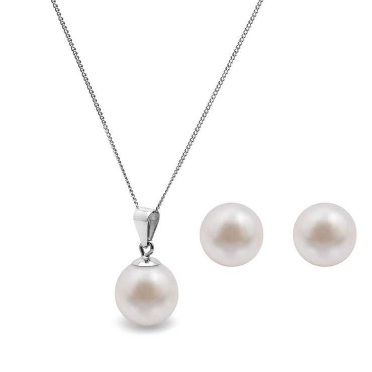 Cultured Freshwater 8.5-9mm White Pearl Pendant and Stud Earring Set, 18ct White Gold Cultured Freshwater 8.5-9mm White Pearl Pendant and Stud Earring Set, 18ct White Gold